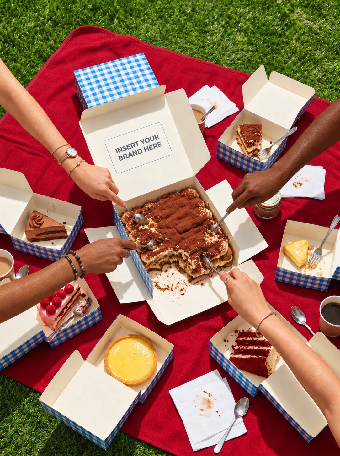 AI-generated concept: hands sharing boxed desserts on a picnic blanket